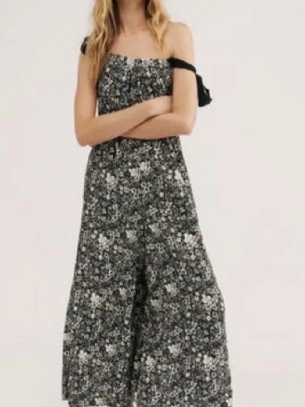 Free People Cecilia Jumpsuit Floral Shoulder Adjustable Ties Black White
